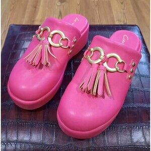 Circus NY Sam Edelman Jinger Clog Mules Flamingo Pink Gold Tassel Platform Sz 8